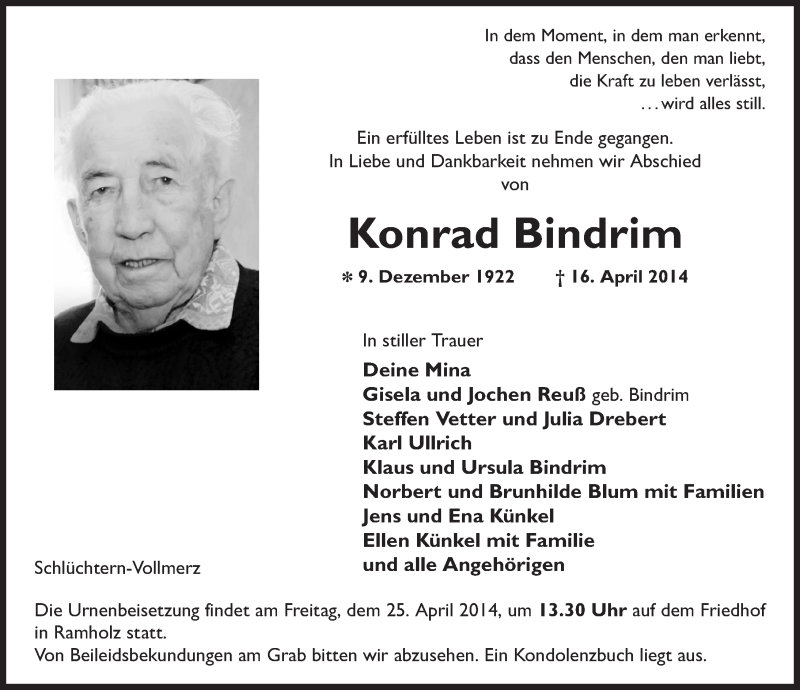  Traueranzeige für Konrad Bindrim vom 22.04.2014 aus 
