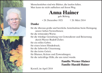Traueranzeige von Anna Hainer 