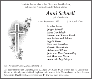 Traueranzeige von Anni Schnell 