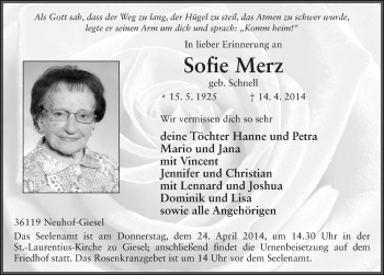 Traueranzeige von Sofie Merz 