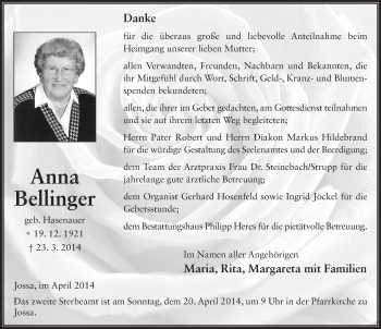 Traueranzeige von Anna Bellinger 