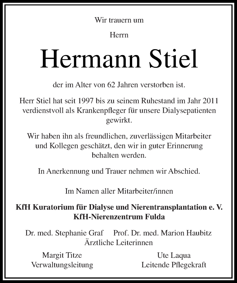  Traueranzeige für Hermann Stiel vom 19.04.2014 aus 