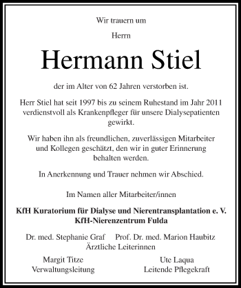 Traueranzeige von Hermann Stiel 