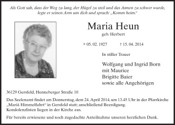 Traueranzeige von Maria Heun 