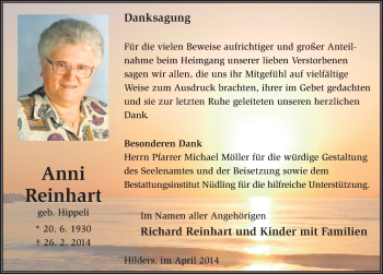 Traueranzeige von Anni Reinhart 