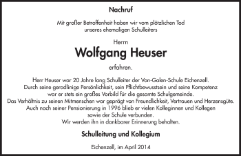 Traueranzeige von Wolfgang Heuser 