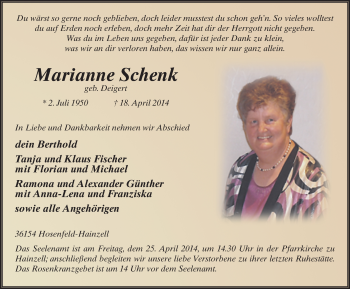 Traueranzeige von Marianne Schenk 