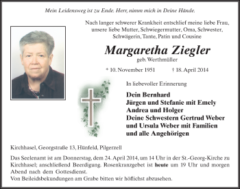 Traueranzeige von Margaretha Ziegler 