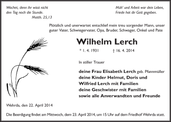 Traueranzeige von Wilhelm Lerch 