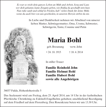 Traueranzeige von Maria Bohl 