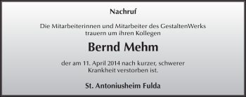 Traueranzeige von Bernd Mehm 