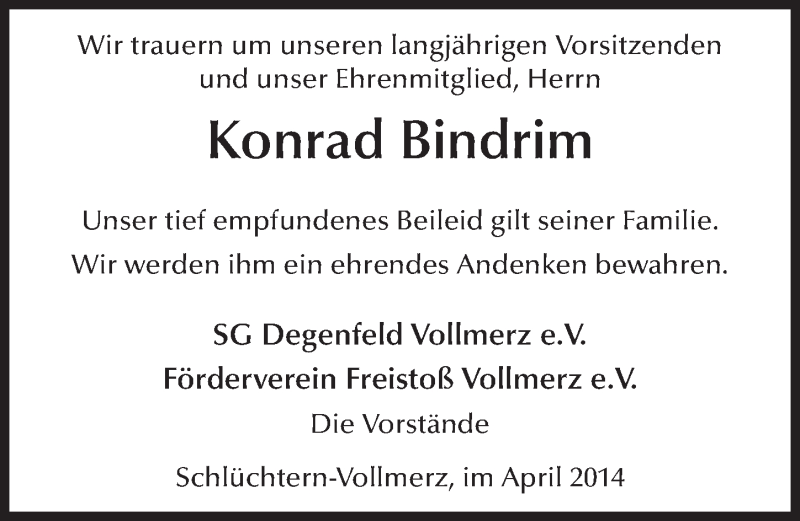  Traueranzeige für Konrad Bindrim vom 23.04.2014 aus 