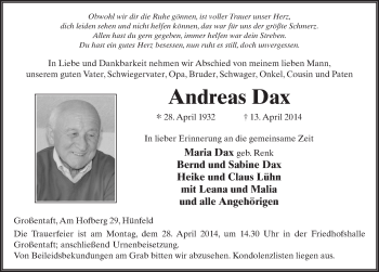 Traueranzeige von Andreas Dax 