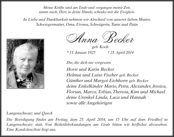 Traueranzeige von Anna Becker 