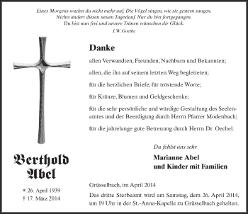 Traueranzeige von Berthold Abel 