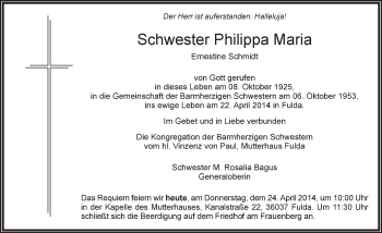 Traueranzeige von Schwester Philippa Maria 