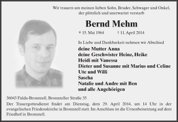 Traueranzeige von Bernd Mehm 
