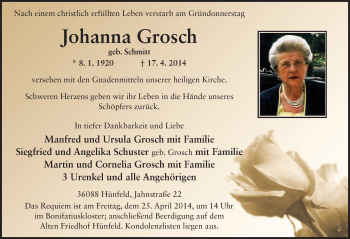 Traueranzeige von Johanna Grosch 