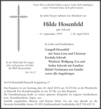 Traueranzeige von Hilde Hosenfeld 