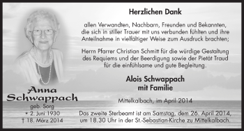 Traueranzeige von Anna Schwappach 