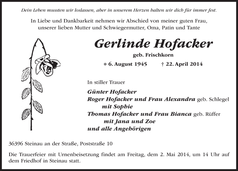  Traueranzeige für Gerlinde Hofacker vom 28.04.2014 aus 