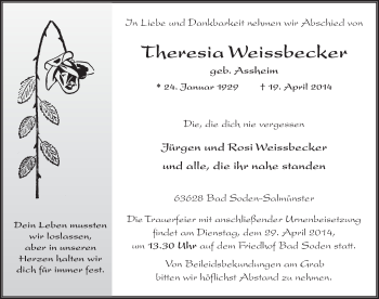 Traueranzeige von Theresia Weissbecker 