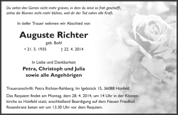 Traueranzeige von Auguste Richter 
