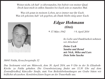 Traueranzeige von Edgar Hohmann 