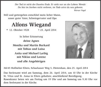 Traueranzeige von Alfons Wiegand 