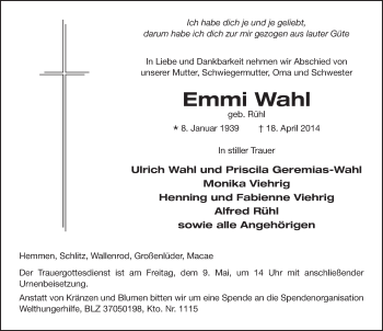 Traueranzeige von Emmi Wahl 