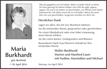 Traueranzeige von Maria Burkhardt 