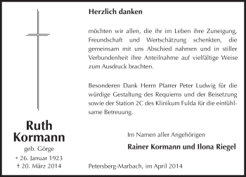 Traueranzeige von Ruth Kormann 