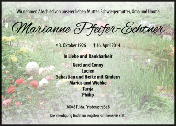 Traueranzeige von Marianne Pfeifer-Echtner 