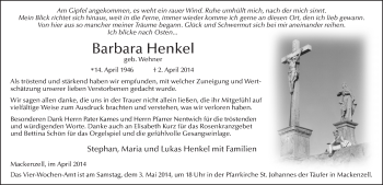 Traueranzeige von Barbara Henkel 