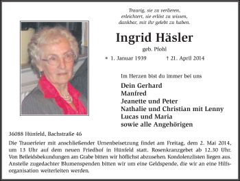 Traueranzeige von Ingrid Häsler 