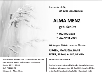 Traueranzeige von Alma Menz 