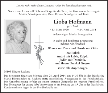 Traueranzeige von Lioba Hofmann 