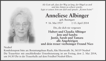 Traueranzeige von Anneliese Albinger 