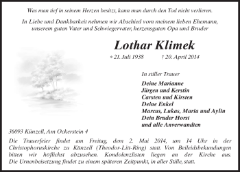 Traueranzeige von Lothar Klimek 