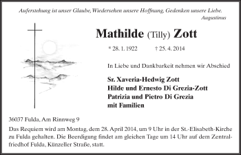 Traueranzeige von Mathilde Zott 