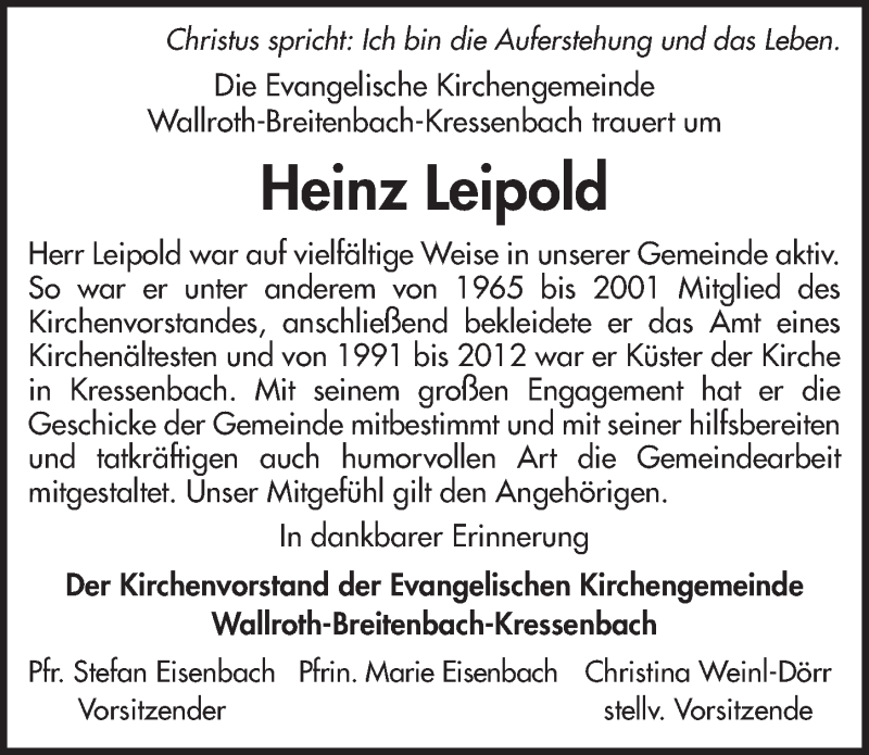  Traueranzeige für Heinz Leipold vom 26.04.2014 aus 