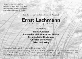 Traueranzeige von Ernst Lachmann 