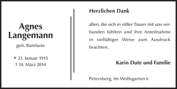 Traueranzeige von Agnes Langemann 