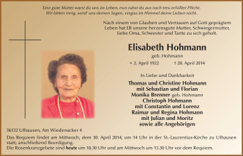 Traueranzeige von Elisabeth Hohmann 
