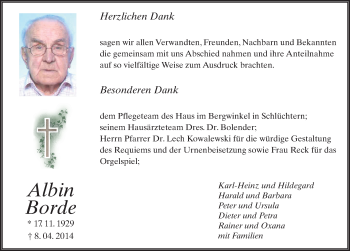 Traueranzeige von Albin Borde 