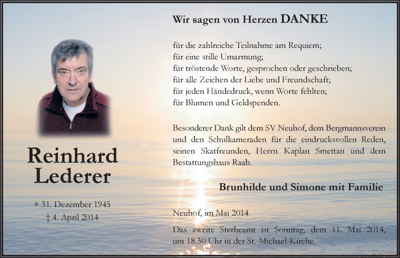  Traueranzeige für Reinhard Lederer vom 09.05.2014 aus 