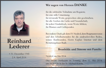 Traueranzeige von Reinhard Lederer 