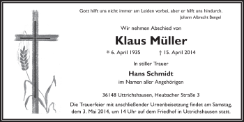 Traueranzeige von Klaus Müller 