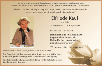 Traueranzeige von Elfriede Kaul 