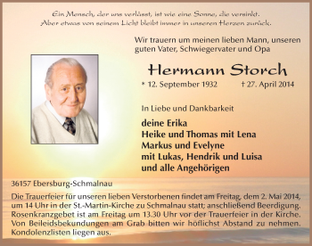 Traueranzeige von Hermann Storch 